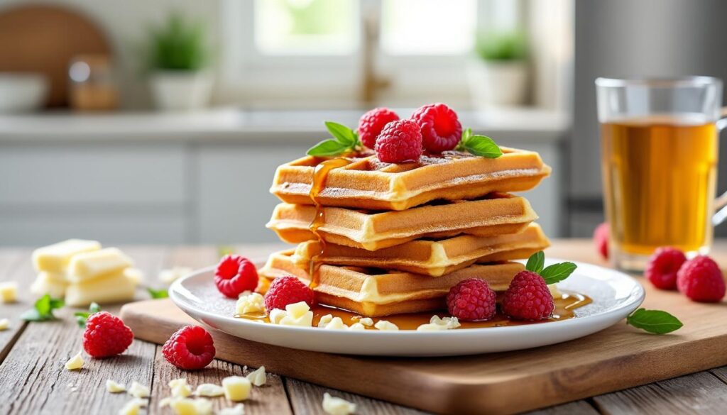 découvrez une recette facile de gaufres au chocolat blanc, framboises et basilic, idéale pour un dessert gourmand et original à préparer en toute simplicité.